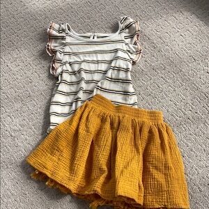 Striped Ruffle Sleeve Top and Mustard Skirt Set